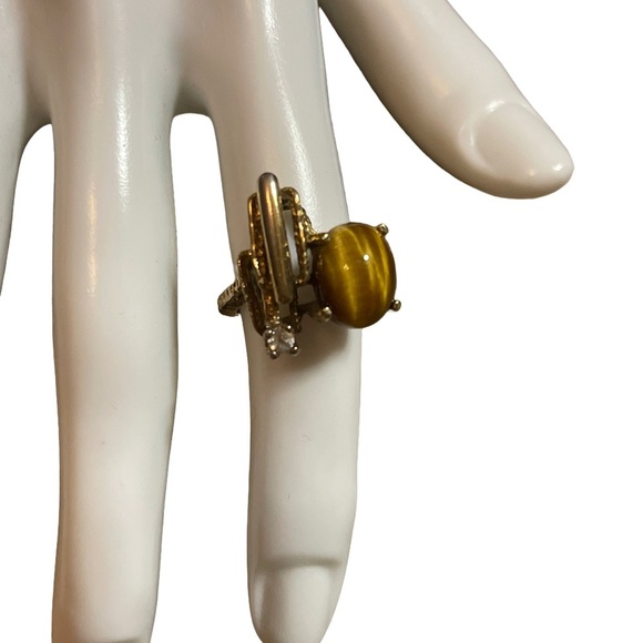 Jewelry - Unique Sterling Silver Statement Ring Vintage Tiger Eye Gold overlay Sz. 6.25